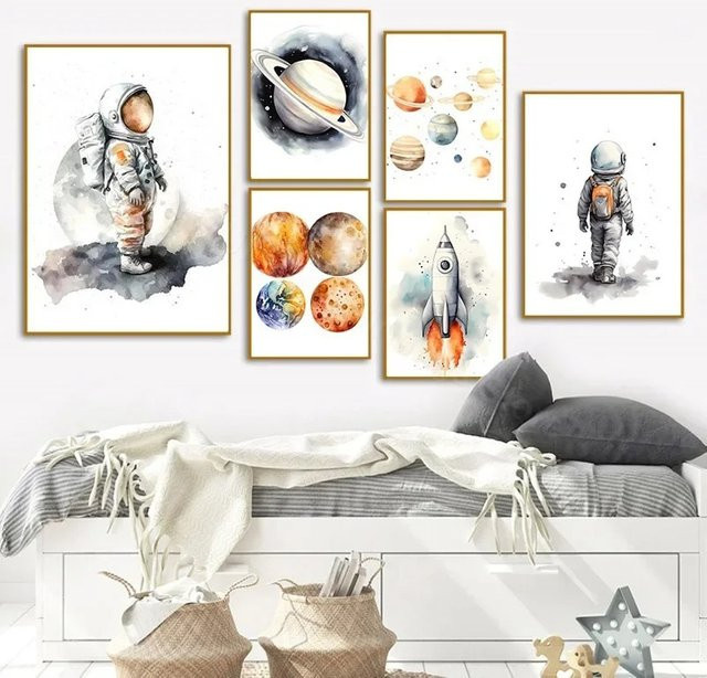 Potdemiel Wandkunst Leinwand Astronaut Raumschiff Rakete Weltraum Planet Nordic Poster für das Kinderzimmer in Mehrfarbig - Bild 1
