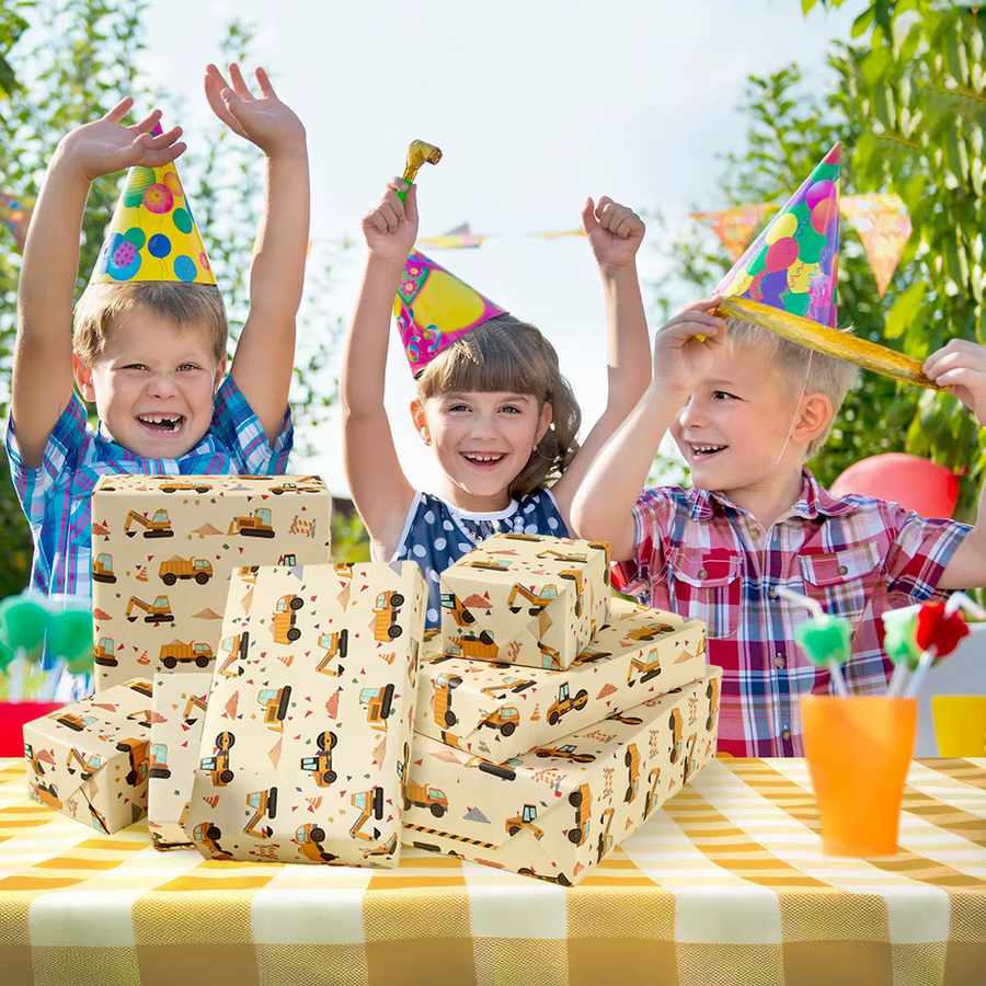 Wayfun DIY Geschenkpapier mit Bau- und Bagger-Motiv für Kindergeburtstage, Mehrfarbig - Bild 2