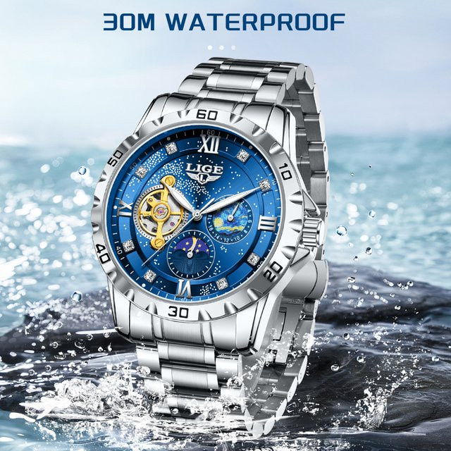 LIGE Armbanduhr Automatik, Edelstahl, Blau, Herren - Bild 1