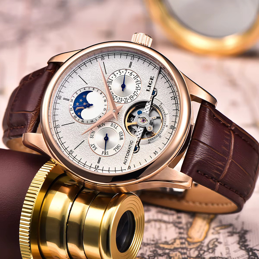 LIGE Armbanduhr, Automatik, Gold, Leder, Herren - Bild 2
