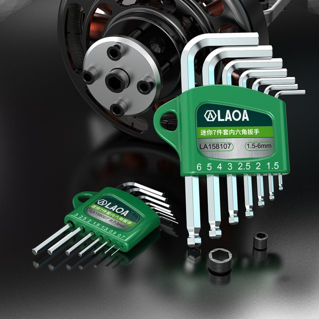 LAOA Mini-Inbusschlüssel-Set aus S2-Legierungsstahl in Silber, 7-teiliges Werkzeugset mit Flach- und Kugelkopf sowie Lang- und Kurzarm, Größe 0,7-6mm - Bild 1