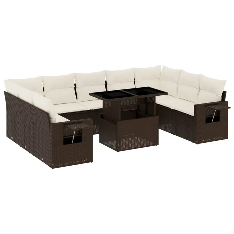 vidaXL 10-tlg. Garten-Sofagarnitur L-Form aus Polyrattan in Braun mit Kissen und Armlehnen - Bild 2