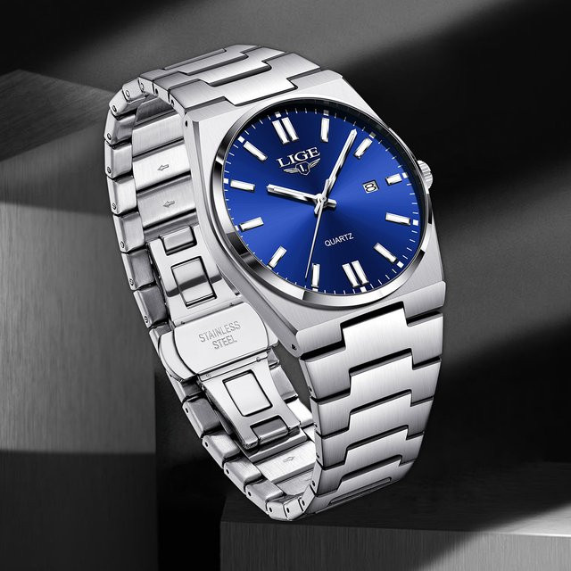 LIGE Armbanduhr Quarz, Edelstahl, Blau, Silber, Herren - Bild 1