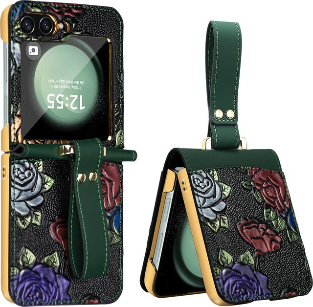 VIETAO Handyhülle aus PU-Leder mit Reliefmalerei Blumen und Armband für Samsung Galaxy Z Flip 8 7 6 5 4 3 in Braun - Bild 1