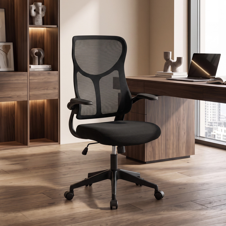 HOMCOM Ergonomischer Bürostuhl Schwarz mit klappbaren Armlehnen, atmungsaktivem Netz und Wippfunktion - Bild 2