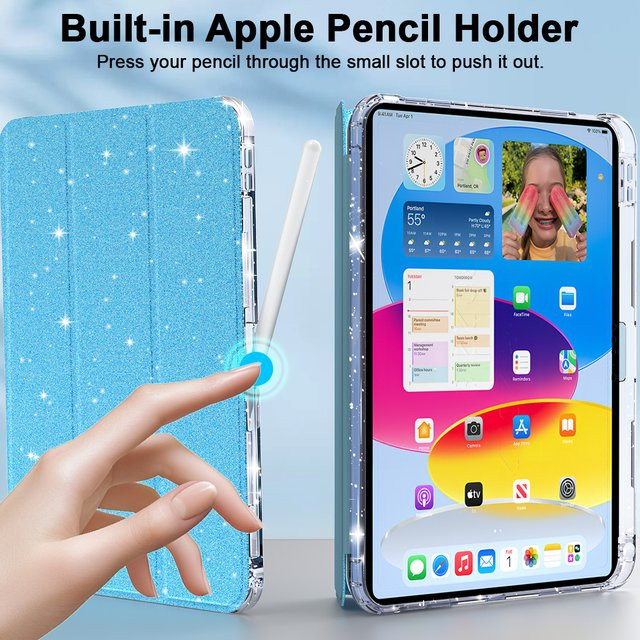 Smart Glitter Case Universal Schutzhülle für Apple iPad 10. Generation 2022 10.9 Zoll und 11 Zoll mit Stifthalter und Tri-Fold Cover aus TPU in Transparent Purple - Bild 1