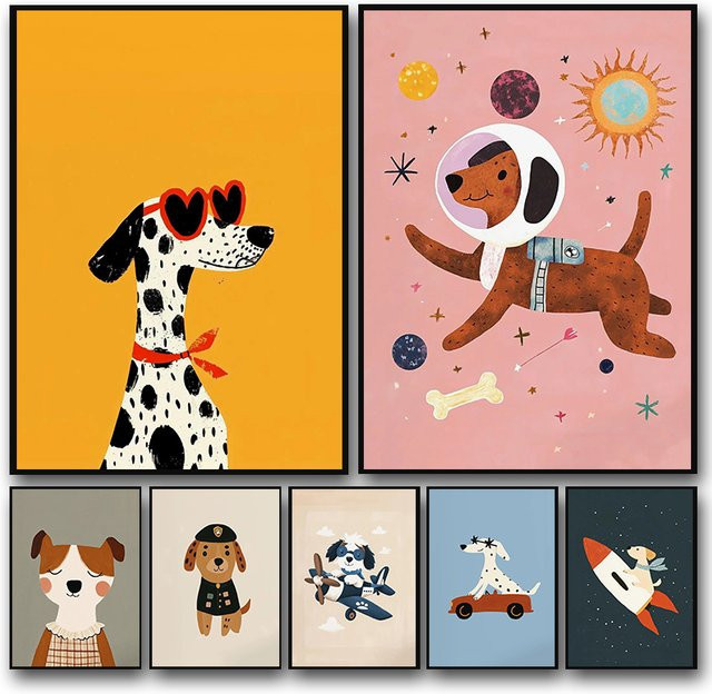 Potdemiel Leinwandgemälde mit bunten Cartoon Hund Illustrationen im Nordic Stil für Kinderzimmer und Wohnräume - Bild 1