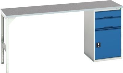 Unterbauwerkbank Bott verso mit Linoleum-Platte, 2 Schubladen, 1 Tür und 1 Ablageboden, Lichtgrau/Enzianblau, B/T/H: 200 x 60 x 93 cm - Bild 1