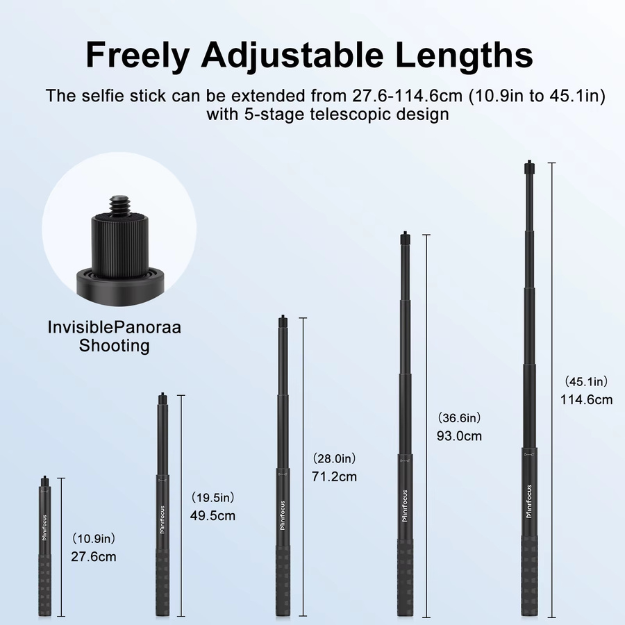 MINIFOCUS Unsichtbarer Selfie-Stick aus Aluminiumlegierung in Schwarz, 45 Zoll ausziehbares Einbeinstativ mit 1/4 Zoll Anschluss für Insta360 X4 X3 X2, DJI Osmo und GoPro Max Kameras - Bild 2