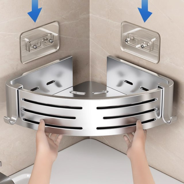 YUNJIEYA Selbstklebendes Badezimmer-Eckregal aus Metall in Silber, Modernes Wandregal für Dusche und WC - Bild 1