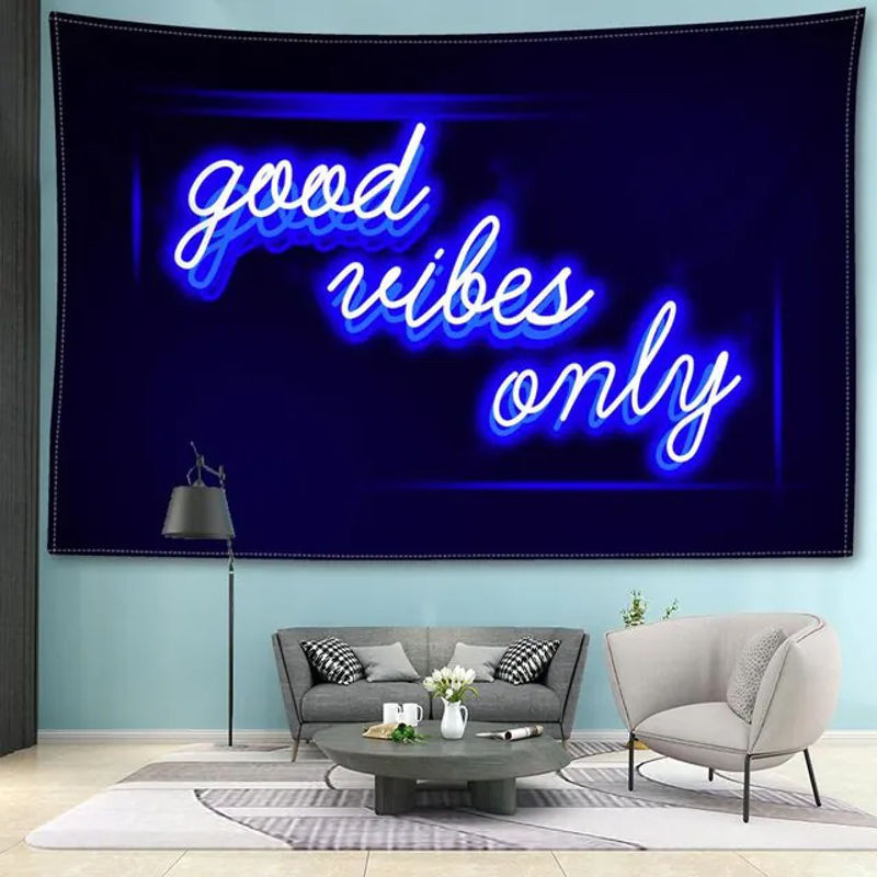 Abstrakter Wandteppich mit Buchstaben in Blau und Weiß von Super Six, minimalistische Textil-Wanddekoration im modernen Hippie-Stil, B: 95 cm, H: 73 cm - Bild 1