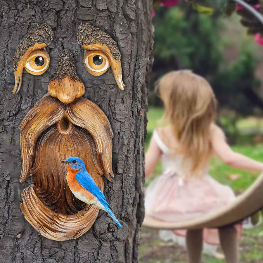 Skurrile Garten-Dekoration Alter Mann Baum Hugger Gesicht Skulptur aus Kunststoff in Braun - Bild 2