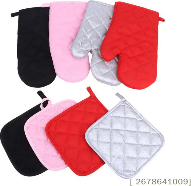 KuZHEN Ofenhandschuhe und Topflappen-Set aus Baumwolle, 4-farbig gesteppte Küchenhandschuhe zum Kochen und Backen, Multicolor und Rot - Bild 1
