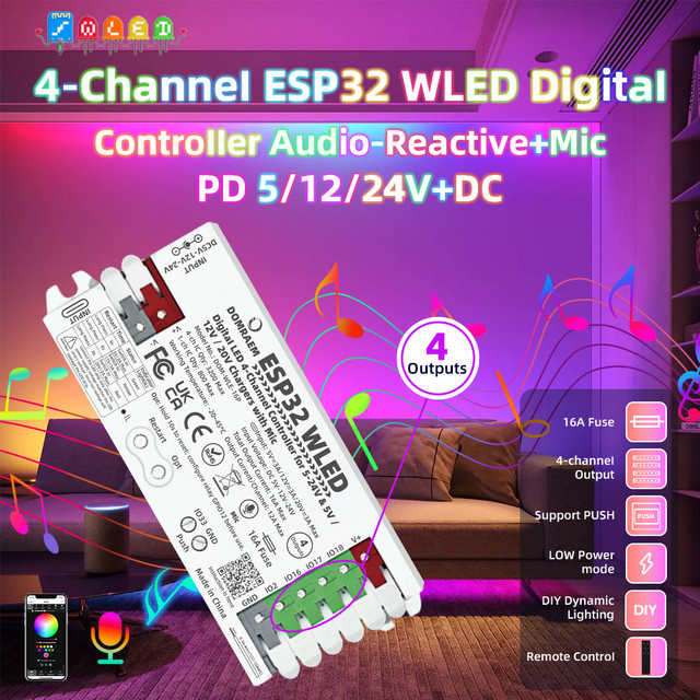 DOMRAEM ESP32 WLED Controller mit Sound Reactive Mic, 4 Ausgänge, 16A Sicherung, PD 5V/12V/20V DC 5-24V für WS281X SK6812 APA102 Pixel Licht, WiFi und USB, Schwarz oder Weiß - Bild 1