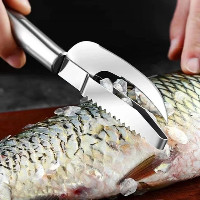 3 in 1 Fischschuppenmesser aus Edelstahl zum Schuppen, Kratzen und Graben in Silber und Weiß - Bild 1