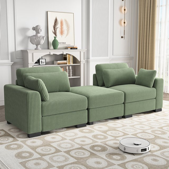 Superaly Modulares Samt-Sofa in Grün mit passendem Fußhocker und breiten Armlehnen - Bild 1
