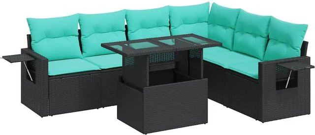 vidaXL 7-teilige Garten-Sofagarnitur in L-Form aus Polyrattan und Akazie mit Kissen, Schwarz - Bild 1