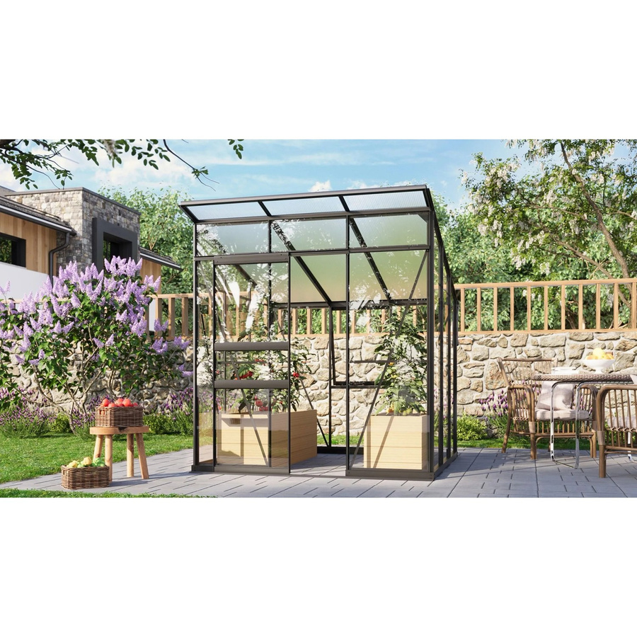 Vitavia Gewächshaus Palma 4450 mit Pultdach und Schiebetür, Schwarz, 3,7 m², inkl. Fundamentrahmen, Sicherheitsglas und Polycarbonat - Bild 6