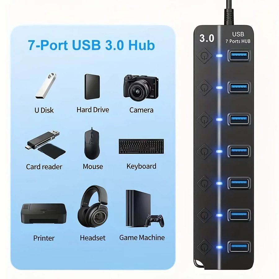USB 3.0 High-Speed 7-Port-Splitter Computer-Erweiterungs-Hub mit Anti-Burnout-Schutz in Schwarz - Bild 3