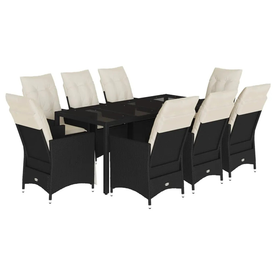 vidaXL 9-teilige Garten-Essgruppe aus schwarzem Poly-Rattan mit Hartglas-Tisch und Kissen - Bild 2