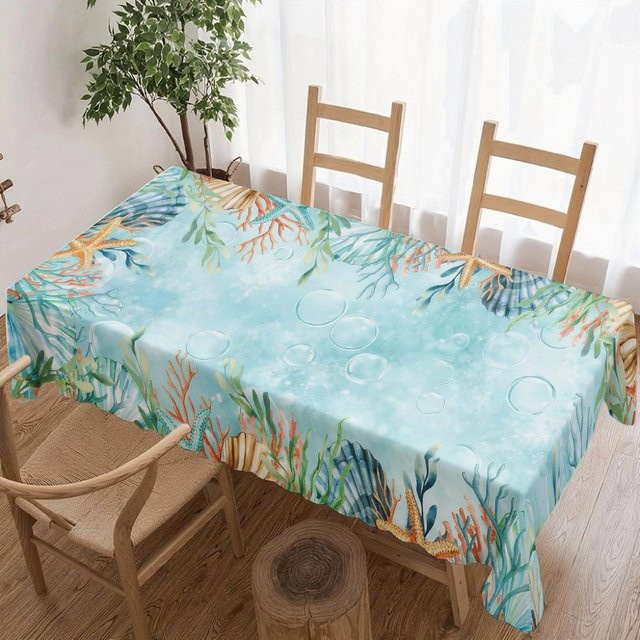 Wasserdichte rechteckige Tischdecke mit Unterwasser-Ozean-Motiv von JINGYUE Pet in Blau, B/T: 140 x 140 cm - Bild 1