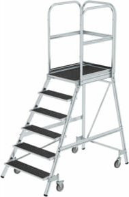 MUNK Podesttreppe aus Aluminium mit 6 Stufen und Federrollen in Silber, Korundbeschichtung R 13, B: 80 cm, T: 60 cm, H: 150 cm - Bild 1