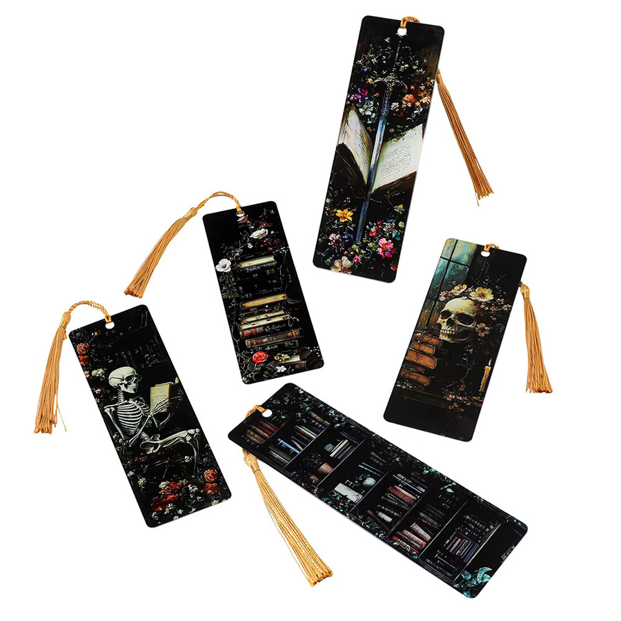 Gothic-Acryl-Lesezeichen mit goldenen Quasten in Schwarz und Gold, Totenkopf- und Skelett-Designs aus Resin für eine dunkle Ästhetik - Bild 6