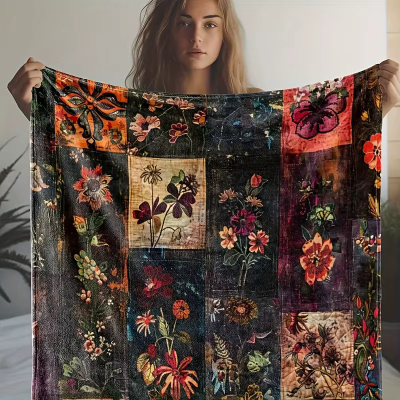 VIKAMA Wandteppich mit floralem Vintage-Blumenmuster in Multicolour, Bohemian Samt Wanddekoration für dein Wohnzimmer oder Sofa, Breite: 90 cm, Höhe: 75 cm - Bild 2