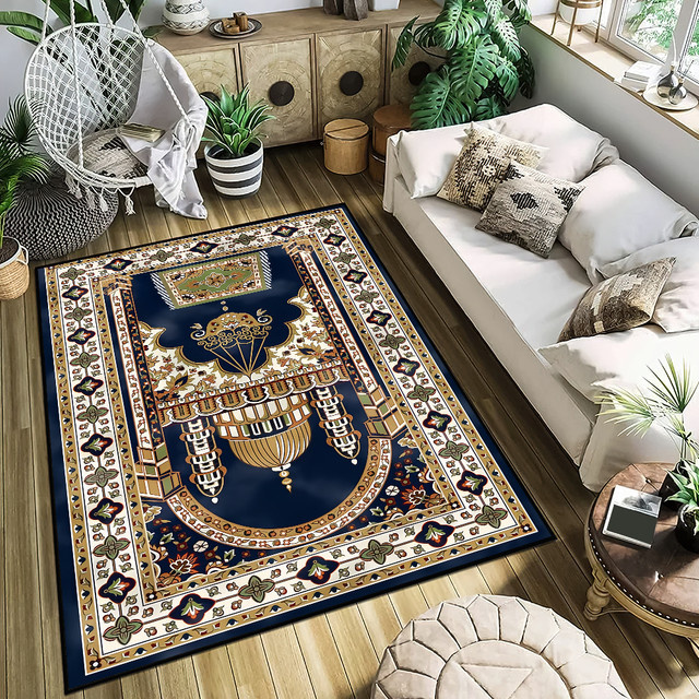 Handgefertigter, rutschfester Teppich mit orientalischem islamischem Muster in Blau für Wohnzimmer, Küche oder Schlafzimmer - Bild 1
