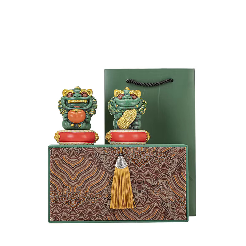 Lucky Wealth Chinesische Wächter Löwe Statue aus Keramik in Beige für Feng Shui Deko auf dem Schreibtisch - Bild 2