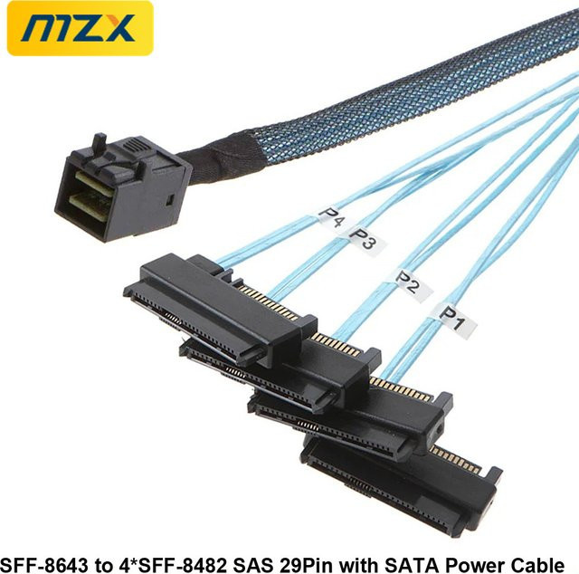 MZX Mini-SAS zu SAS Adapter Kabel SFF-8643 auf 4x SFF-8482 mit 29-Pin SATA-Stromanschluss, Schwarz, Länge: 50 cm - Bild 1