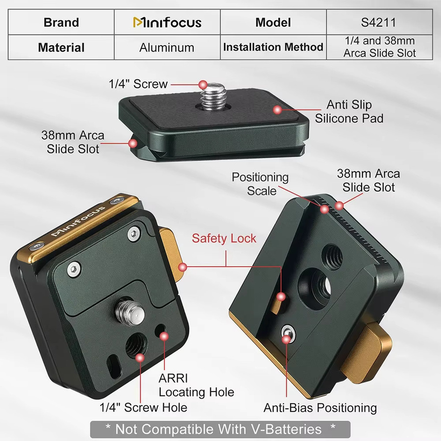 MINIFOCUS Arca Swiss Quick Release Mount Lock QR System Clamp Switch Kit in Schwarz für Stativ, Einbeinstativ und DJI Zhiyun Gimbal - Bild 5