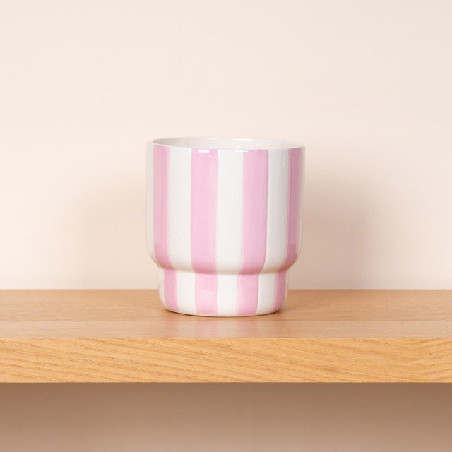 Keramik Übertopf BLUME2000 Streifen Rosa Weiß Tabletop Höhe: 14,5 cm, Breite: 15,5 cm, Tiefe: 14,5 cm - Bild 1