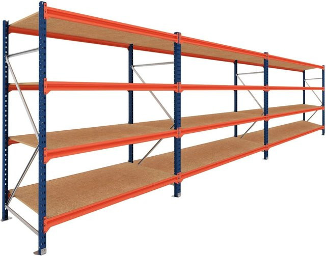 PROREGAL DOMINUS Schwerlastregal Weitspannregal mit 3 Feldern und 4 Ebenen, Blau/Orange, B/H/T: 250 x 450 x 60 cm, Fachlast 500 kg - Bild 1