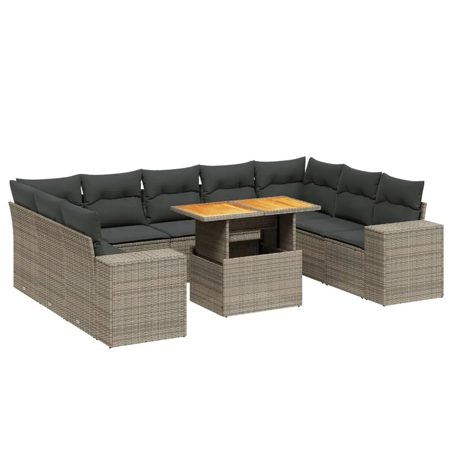 vidaXL 10-tlg. Garten-Sofagarnitur in L-Form aus Polyrattan und Akazienholz mit Kissen in Grau - Bild 2