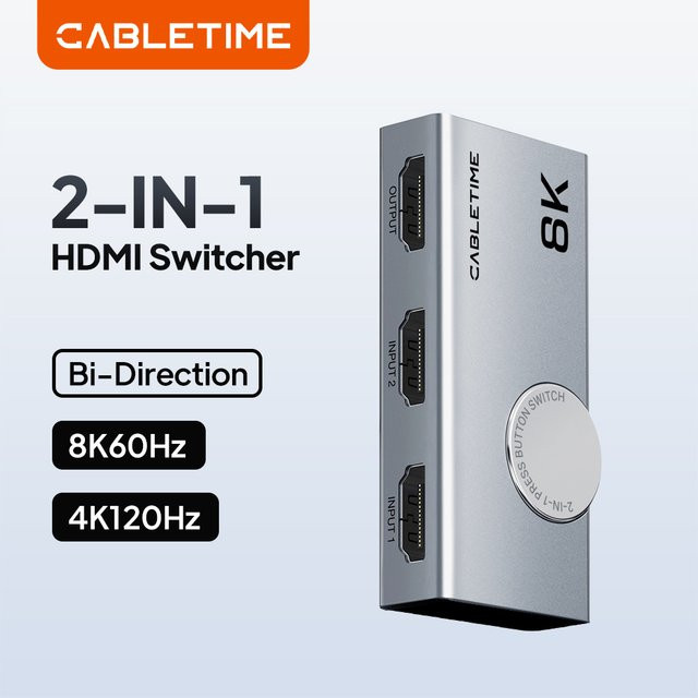 CABLETIME HDMI Splitter 2-in-1 Umschalter mit 8K 60Hz und 4K 120Hz Unterstützung sowie 3D Vision in Aluminium-Design als Adapter für Laptop und Macbook - Bild 1