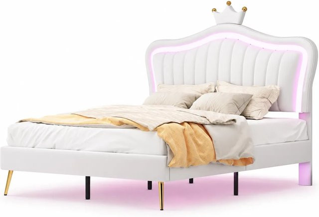 PXloue Kinder Polsterbett mit LED Krone-Kopfteil aus Kunstleder in Weiß, B/T/H: 140 x 200 cm - Bild 1