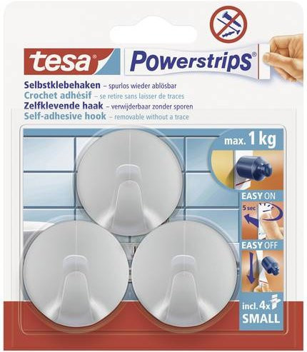 TESA Powerstrips Klebehaken Small Rund Chrom Matt Silber Transparent 3 Stück - Bild 1