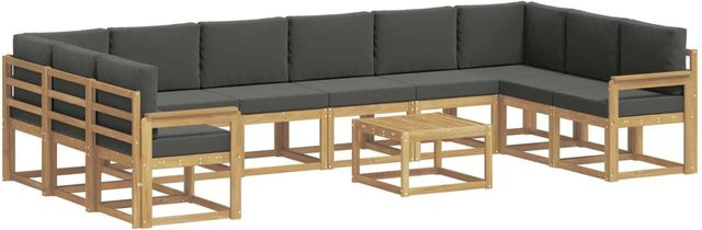 vidaXL Outdoor-Sofagarnitur in L-Form aus Akazienholz mit 11 Kissen in Anthrazit und Weiß - Bild 1