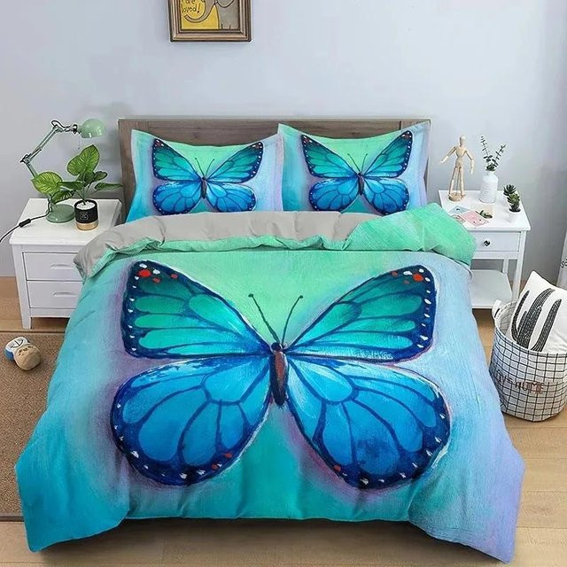 Bettwäsche Set mit Schmetterlings- und Blumenmuster von Your Warm Home in Blau, bestehend aus Bettbezug und Kissenbezug aus Mikrofaser, B/H: 135 x 200 cm - Bild 1