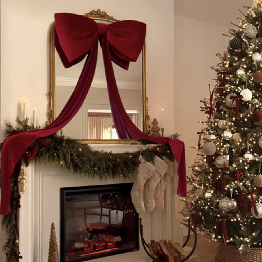 Riesige Weihnachtsbaum-Dekorationsschleife aus Samt in Rot oder Beige, Baumspitze für Weihnachtsbaum, Tür, Fenster oder Kamin, Höhe: 180 cm - Bild 2