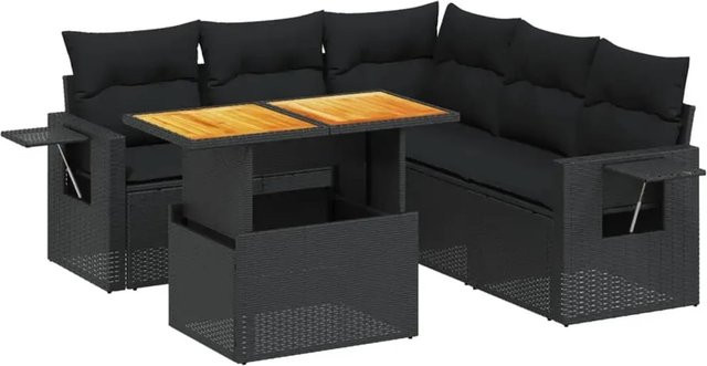 vidaXL 6-teilige Garten-Sofagarnitur in L-Form aus schwarzem Poly-Rattan mit Kissen und pulverbeschichtetem Stahlrahmen - Bild 1