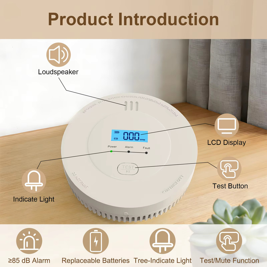 PGST 2-in-1 Rauch- und Kohlenmonoxidmelder mit LCD-Display, batteriebetrieben, 85 dB Alarm, Weiß - Bild 2