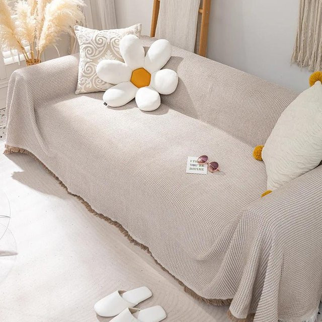 Yiran Furniture Sofabezug-Decke aus Baumwolle und Polyester, einfarbig beige, gewebtes Sofatuch für Wohnzimmermöbel, B/B: 180 x 130 cm - Bild 1