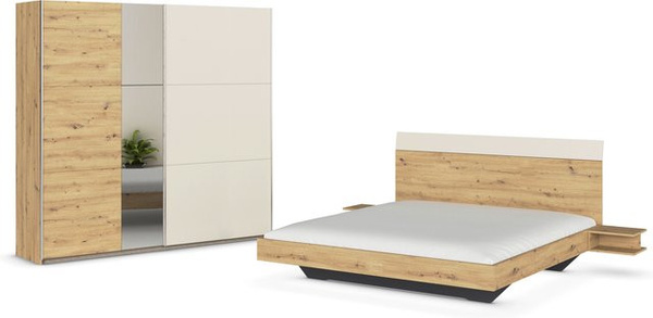 RAUCH BLUE Monza Bettanlage Set mit Schwebetürenschrank und Nachttischen, Eiche Artisan/Beige, B: 522 cm, H: 210 cm