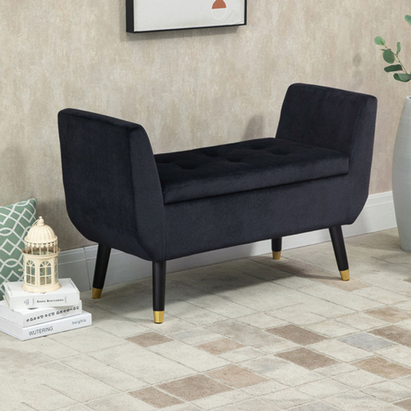 HOMCOM Sitzbank als Sitztruhe mit Stauraum aus Samt und Polyester, Schwarz, B: 107 cm, T: 42 cm, H: 65 cm - Bild 3
