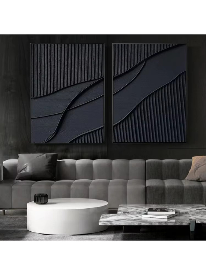 Minimalistische abstrakte Leinwandmalerei mit schwarzer Linie und 3D-Struktur in unregelmäßiger Form für deine Wanddekoration - Bild 2