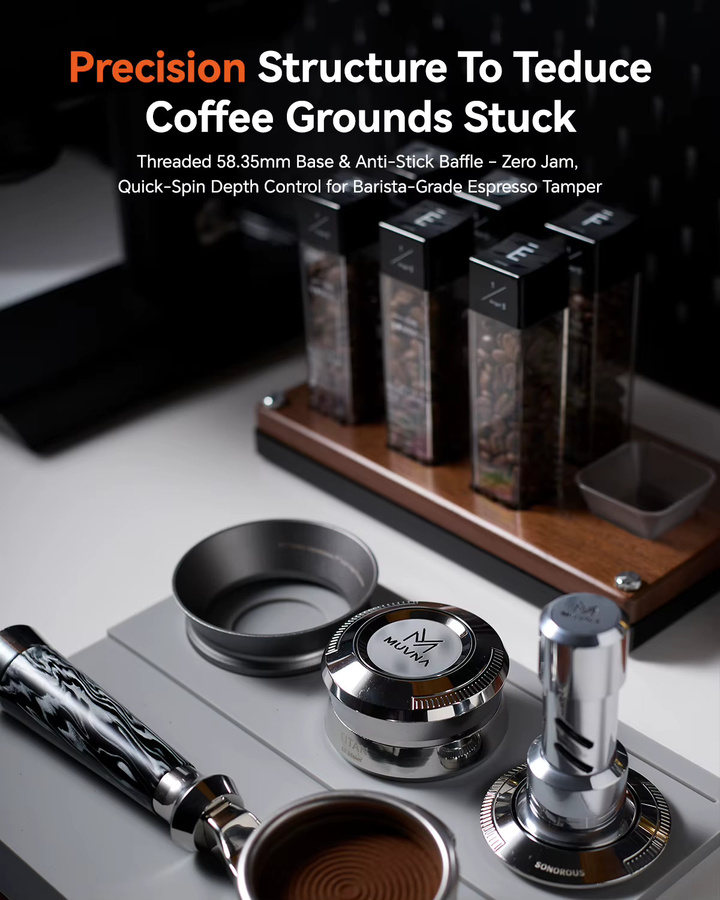 MUVNA V2 Espresso Tamper aus Edelstahl in Silber mit druckfederbelasteter Feder und schwerkraftadaptivem Höhenverteiler - Bild 2
