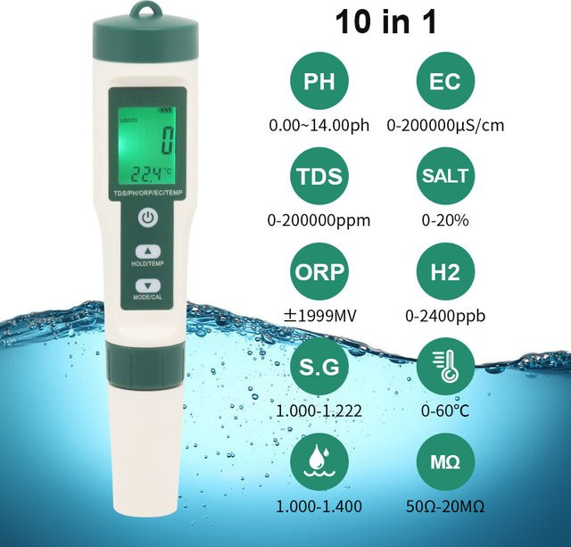 LPPCOLTD 10-in-1 Wasserqualitätsmonitor Tester für PH, TDS, EC, Salz, Temperatur, S.G, ORP, H2, Fruchtbarkeit und Widerstand für Pools, Trinkwasser und Aquarien - Bild 1