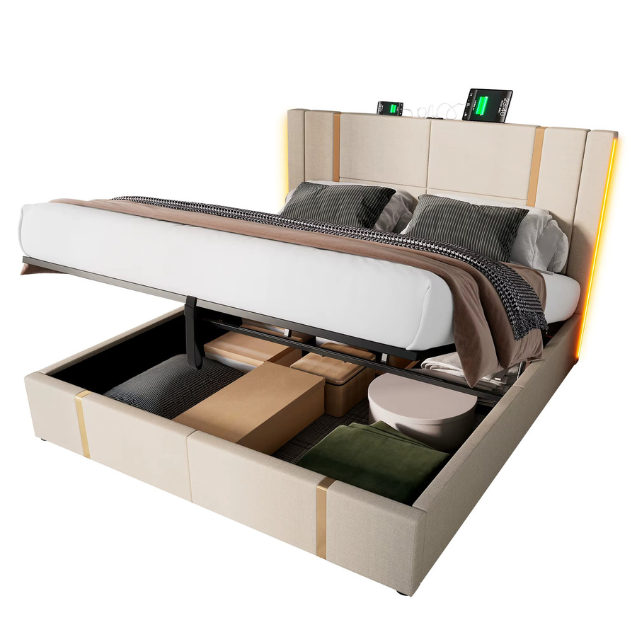 KOMHTOM Doppelbett mit Stauraum und LED-Beleuchtung, Beige, B/T: 180 x 200 cm, mit USB Type C Ladefunktion und App-Steuerung - Bild 3